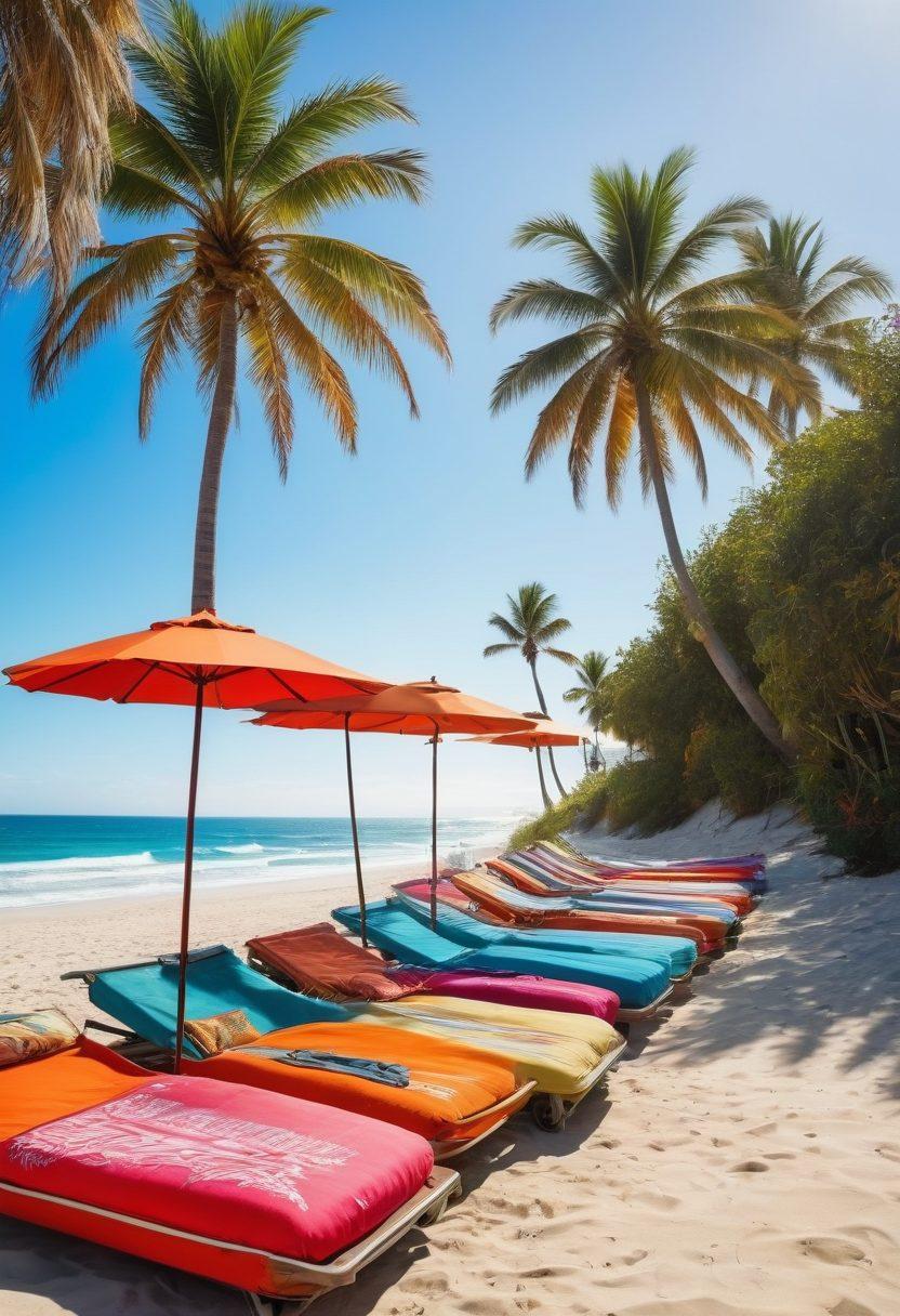 A vibrant beach scene showcasing a variety of bikini styles draped over colorful beach loungers. Include a backdrop of turquoise waves and a sunny sky, with people enjoying the sun and sand. Feature stylish beach bags and transport logistics elements like surfboards and beach trolleys. Add a playful atmosphere with palm trees swaying gently. super-realistic. vibrant colors. summer vibe.