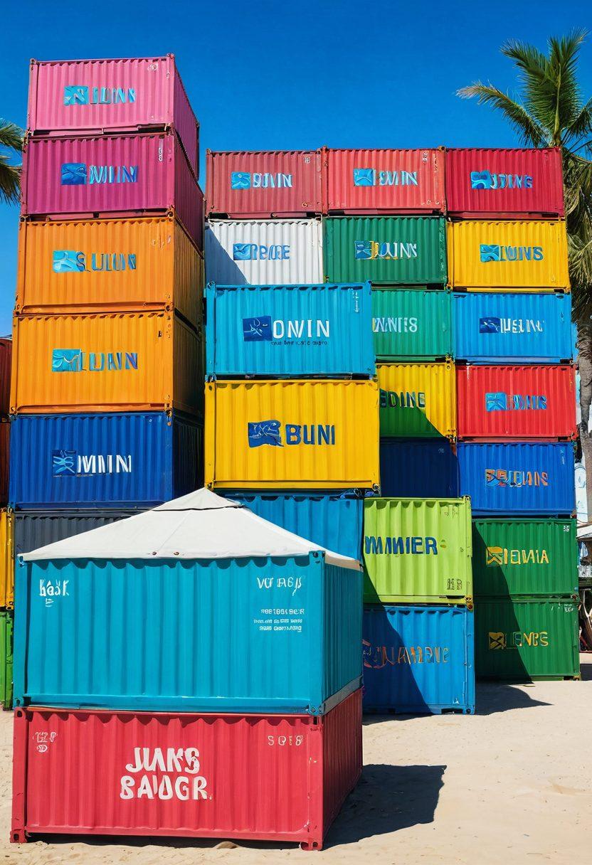 A vibrant summer scene depicting a beachside sales cart filled with various bikini styles and colorful cargo boxes, with a sunny sky in the background. A playful mix of beachgoers wearing stylish swimsuits, alongside shipping containers symbolizing logistics, to convey the theme of summer shipping strategy. Include elements like palm trees and waves to create a lively atmosphere. colorful and playful. vector art. bright palette.