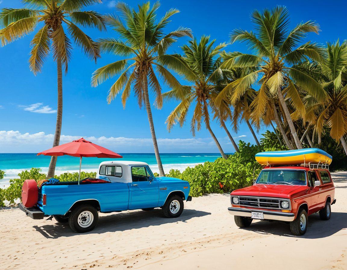 A serene beach scene showcasing colorful swimwear displayed on a sandy shore. In the background, a sleek transport vehicle is efficiently unloading beach gear, surrounded by palm trees and a clear blue sky. Capture the essence of relaxation and streamlined logistics merging seamlessly with a sunny day at the beach. vibrant colors. super-realistic.